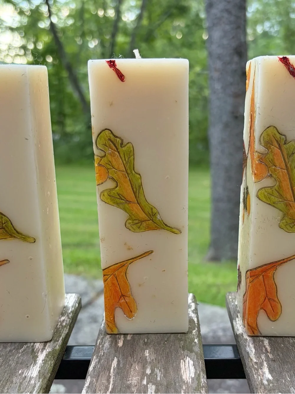 3 Handcrafted Autumn Acorn Pillar Candle - Cream and Orange. Bill Blass